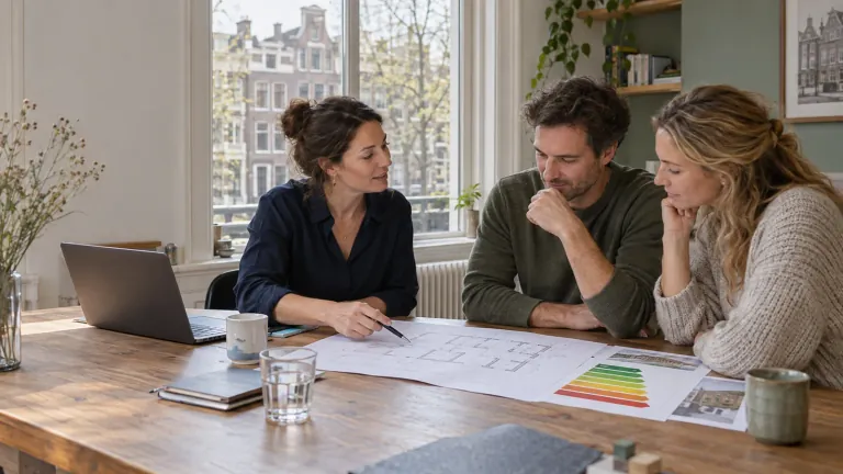 Energieadviseur bespreekt een verduurzamingsplan met vastgoedeigenaren