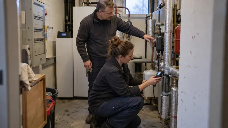 Energieadviseur meet een verwarmingsinstallatie in de technische ruimte van een gebouw