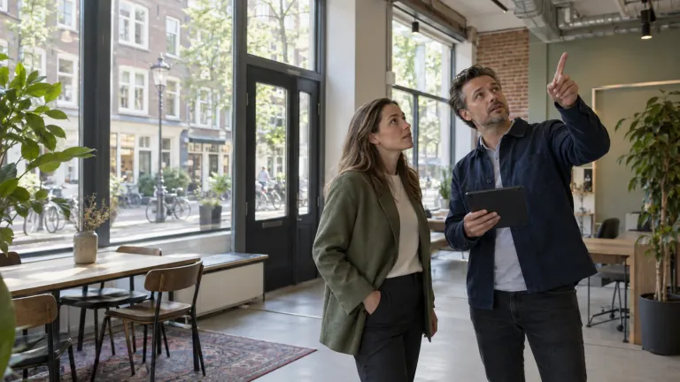 Energieadviseur en vastgoedbeheerder bekijken installaties in een Amsterdams bedrijfspand