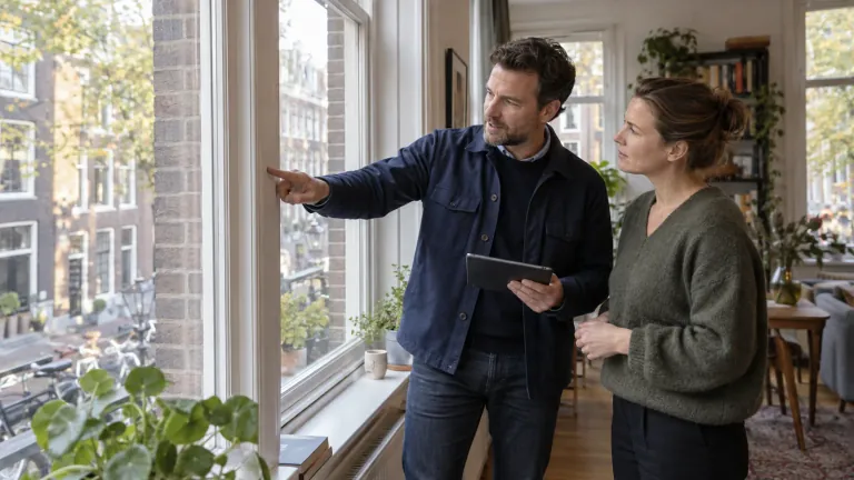Energieadviseur bekijkt samen met een woningeigenaar het raam en de gevel