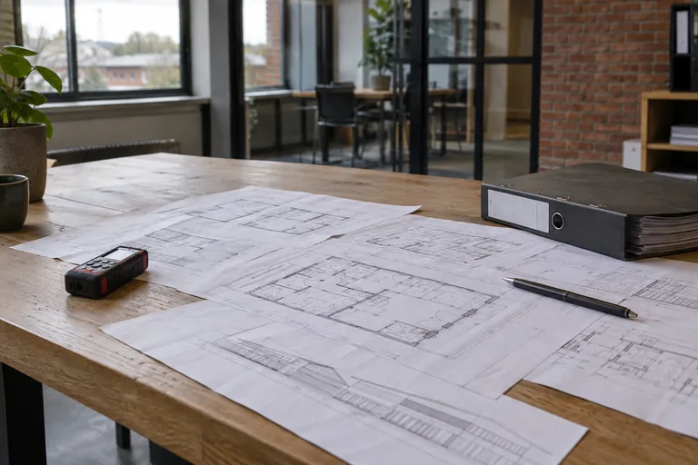 Bouwtekeningen, een projectmap en een afstandsmeter op een werktafel