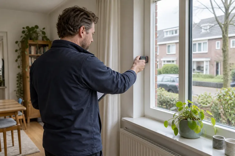 Energieadviseur meet een raam met een afstandsmeter tijdens een woningopname