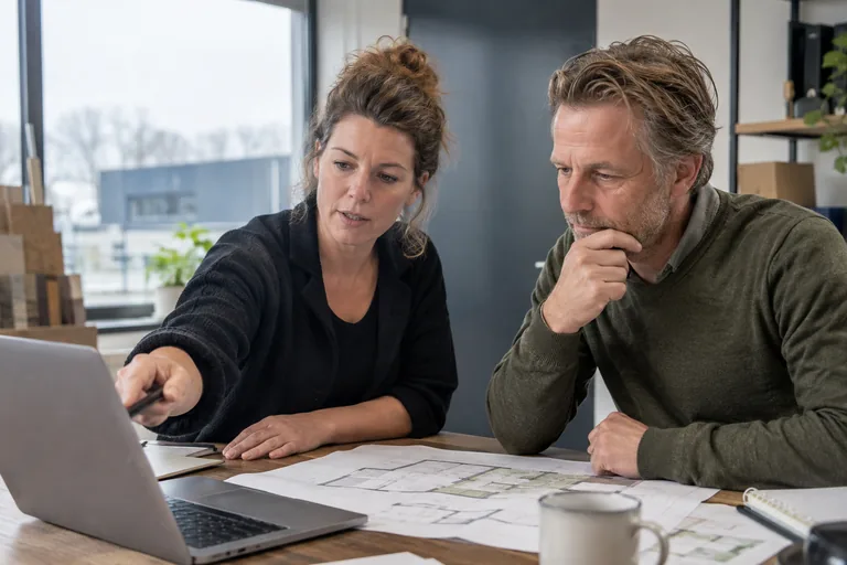 Adviseur en pandeigenaar bespreken bouwtekeningen aan een kantoortafel