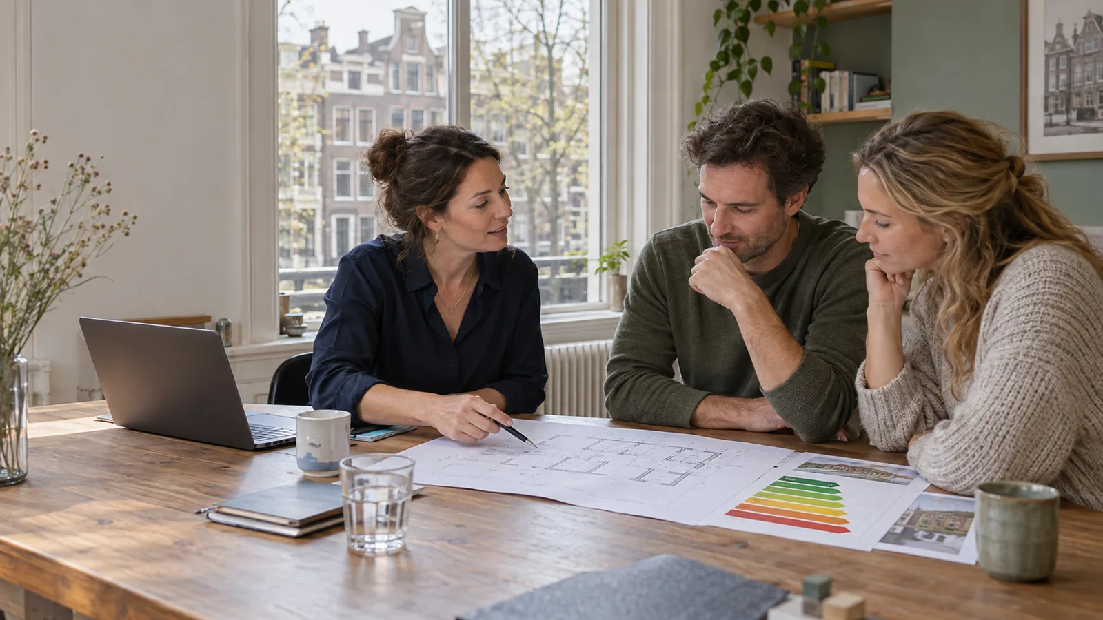 Energieadviseur bespreekt het energielabel met bewoners aan tafel